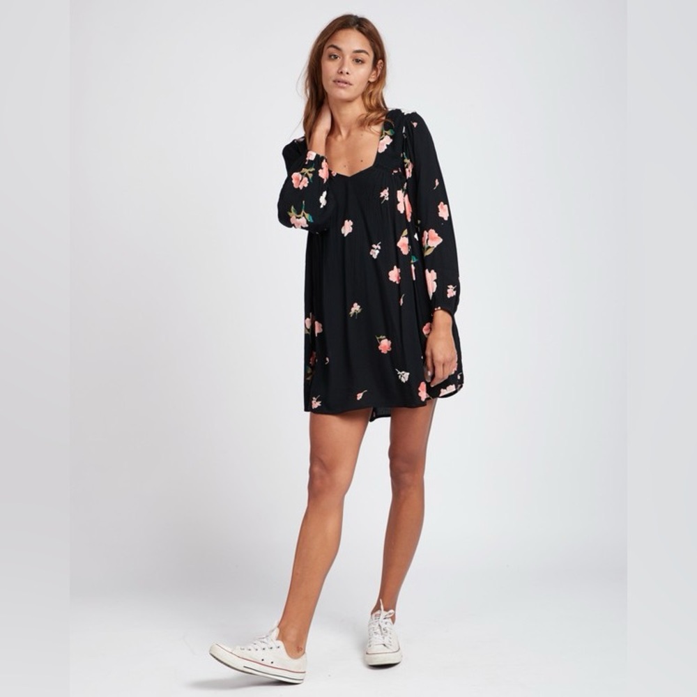 Billabong Long Sleeve Black and Floral Print Mini Dress Size M